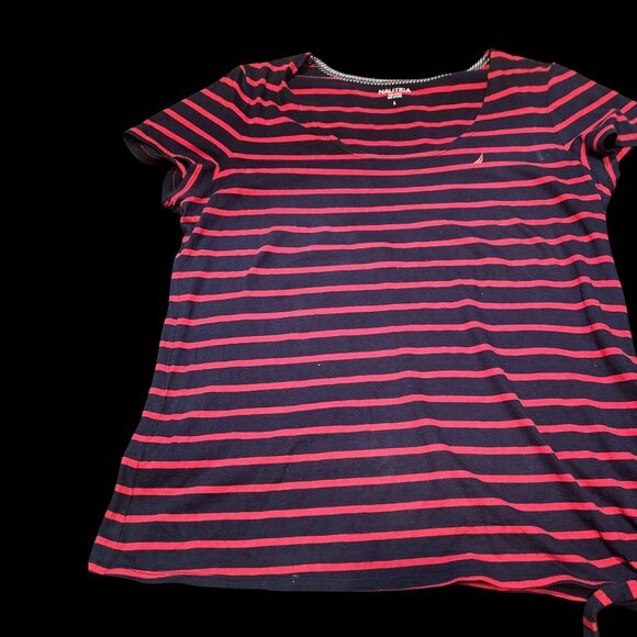 Nautica Black & Red Striped Tie Hem Tee – Size Large – Short Sleeve - Picture 2 of 4
